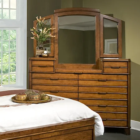 Casual 10-Drawer Tall Dresser with Tri-Fold Mirror